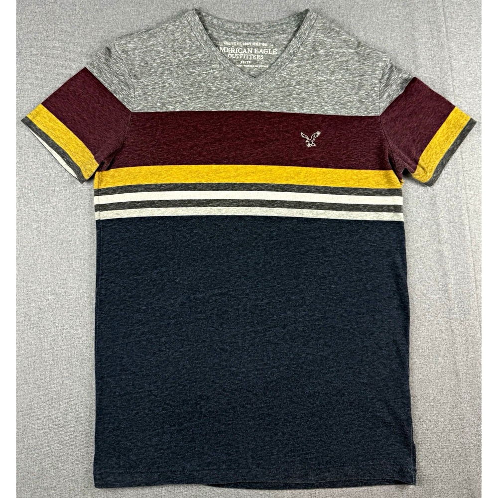 American Eagle Outfitters XS Athletic Fit Colorblock V Neck T Shirt Gray Stripe